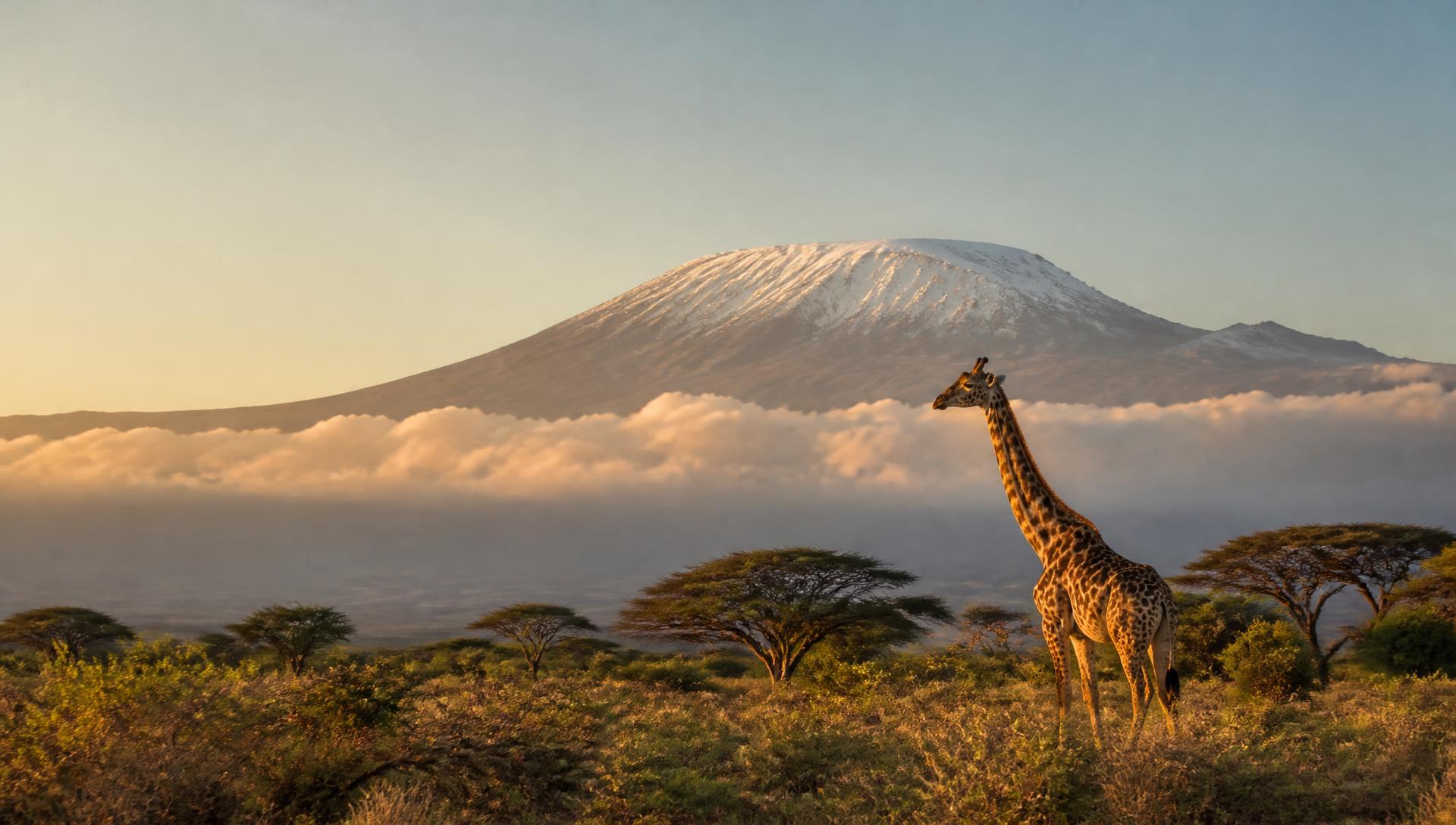 Mount Kilimanjaro at sunrise with a giraffe on the savannah